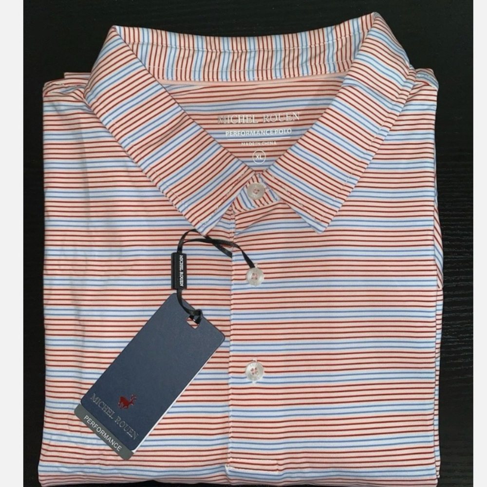 NWT Michel Rouen men’s polo shirt short sleeved, red/blue/white size XL.